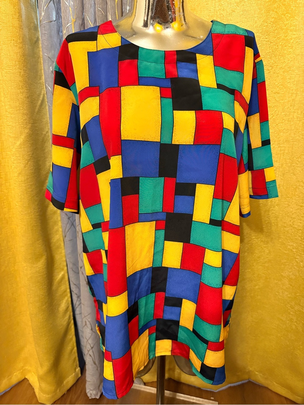 Colorblock Geometric Short-Sleeve Blouse - Red, Blue, Yellow, Green